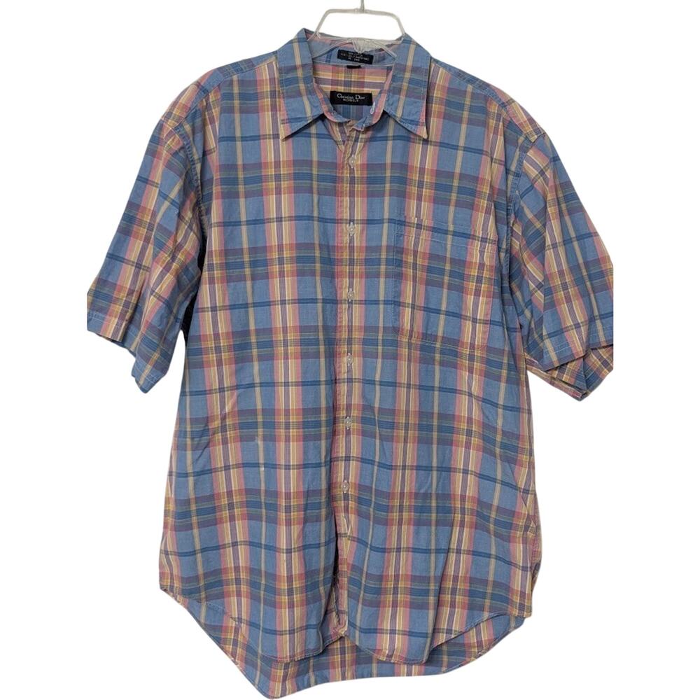 Vintage Christian Dior Monsieur Pastel Plaid Button Down SS Shirt L Kidcore Prep